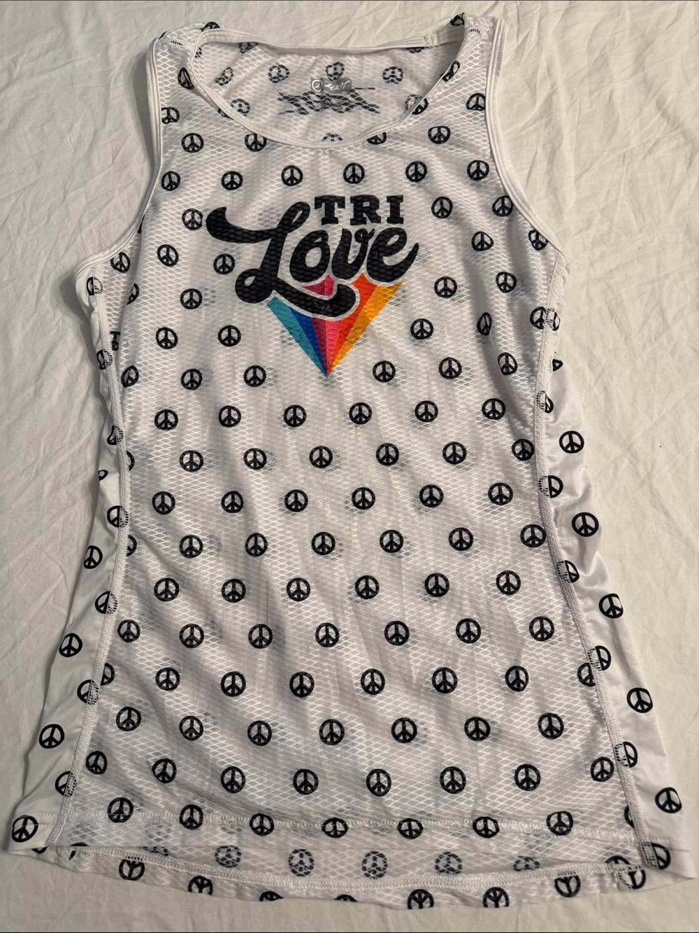 Zoot White Mesh Tank with Black Peace Signs and Retro Rainbow Logo